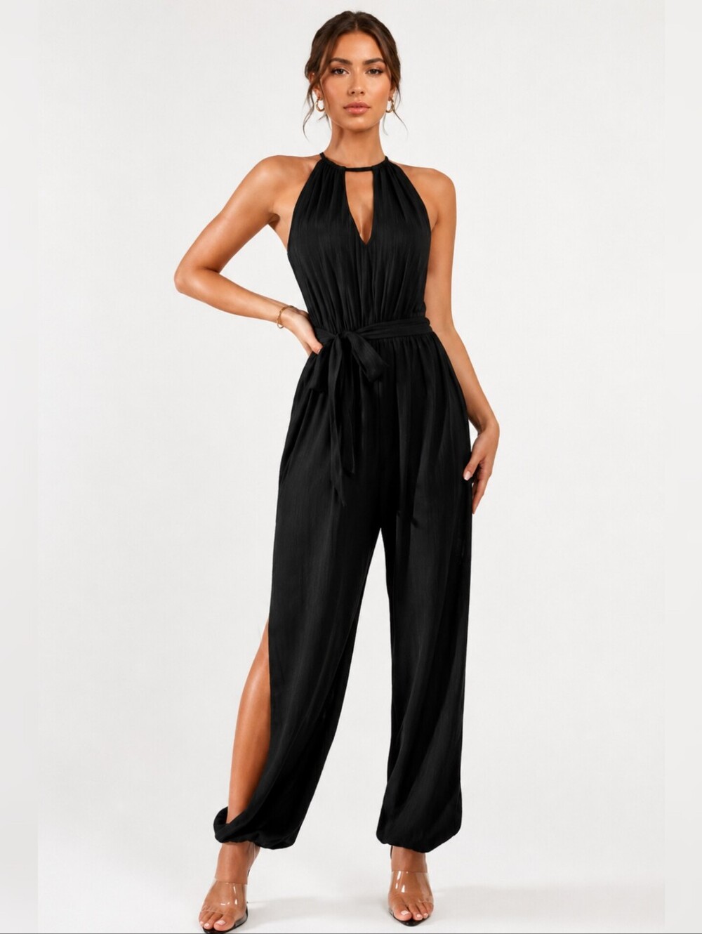 Hot Miami Styles Black Slit Hem Belted Harem Jumpsuit